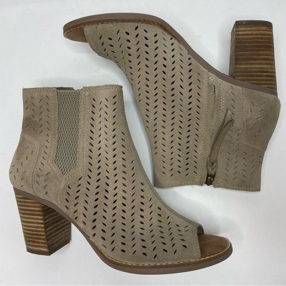 Toms Heels Majorca Peep Toe Suede Taupe Tan Booties Size 9 W - Picture 1 of 9